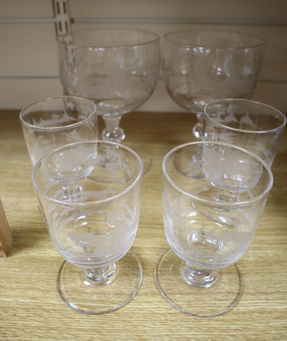 Six Dutch wheel engraved hunting scene glasses, 19th century